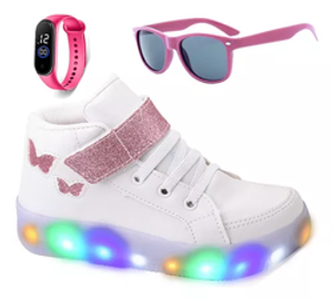 tenis-feminino-infantil-de-led-borboleta-oculos-e-relogio - Imagem