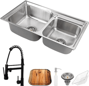 pingoocasa-kit-cuba-para-cozinha-com-acessorios-e-tabua-pia-dupla-gourmet-aco-inox-ticunas-e-torneira-misturador-monocomando-munim-preta - Imagem