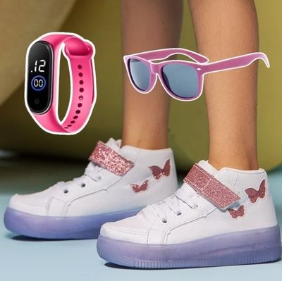 Tênis Feminino Infantil De Led Borboleta + Óculos E Relógio