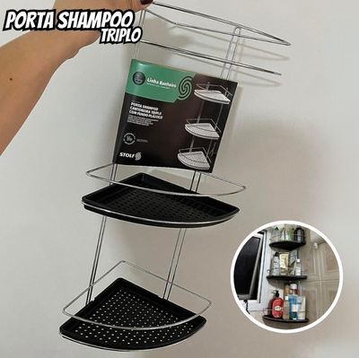 Porta Shampoo Triplo de Canto, Preto, Stolf