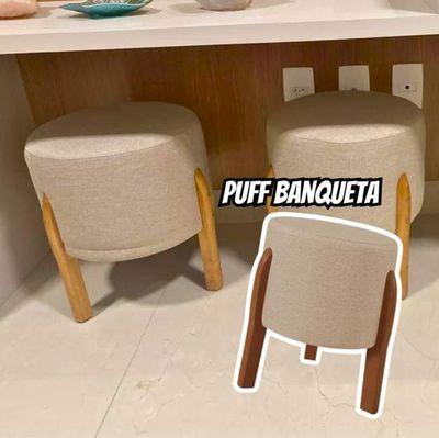 Puff Banqueta Decorativo Viena Linho Pés Madeira Bege