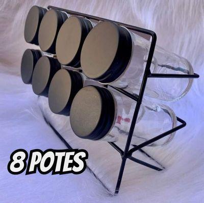 Conjunto 8 Potes de Vidro para Temperos e Suporte em Metal Preto - Lyor