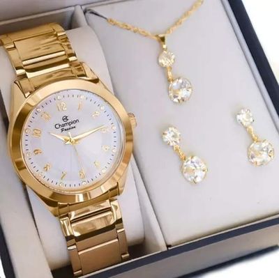 Relógio Champion Feminino Dourado Cn29409d + Colar E Brincos Cor Da Correia Dourado Cor Do Bisel Dourado Cor Do Fundo Branco