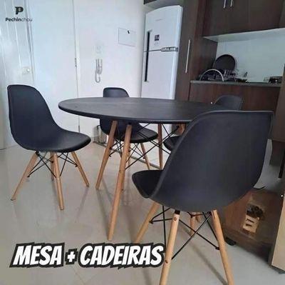 Mesa Redonda 90cm Com 4 Cadeiras Eames Eiffel Pés De Madeira Preta - Decoreshop