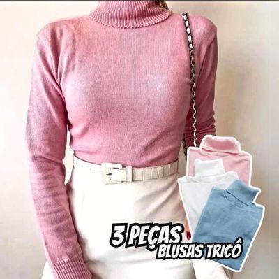 Kit 3 Blusas Feminina Tricô Tricot Manga Longa Gola Alta