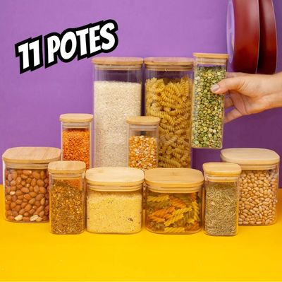 Kit 11 Potes De Vidro Com Tampa De Bambu Herméticos - Tüd