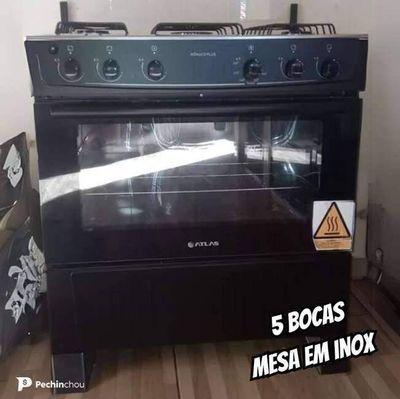 Fogão 5 Bocas Preto Com Mesa Inox Atlas Mônaco Plus Bivolt 127v/220v 86,5 Litros