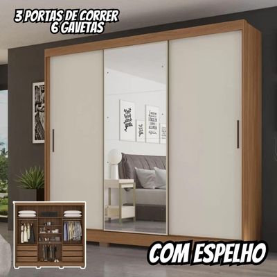 Guarda-roupa Casal com Espelho 3 Portas de Correr 6 Gavetas Demóbile Londres