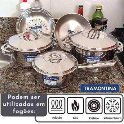 Jogo De Panelas Com 5 Peças Em Aço Inox com Fundo Triplo e Tampas Solar Tramontina