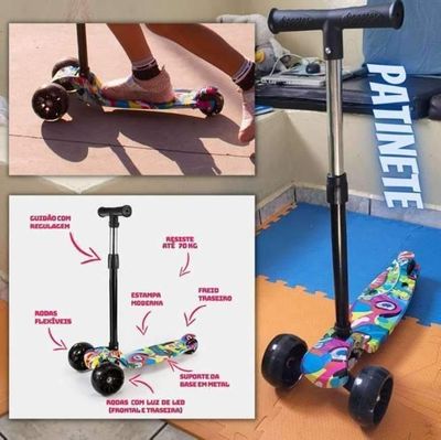 Patinete Infantil 3 Rodas Com Led Dobrável - Mega Compras