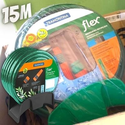 Mangueira Flex Para Jardim, 15 M, Com Esgates Rosqueados, Esguicho E Suporte Mural