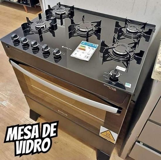 Fogão de pé Atlas Atenas Glass 5 Bocas A Gás Preto 110V/220V porta com visor e Forno de 86.5L