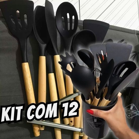 Jogo Kit Com 12 Peças Utensílios De Cozinha Colheres Espatulas Pegador Silicone Copo Suporte - Prime