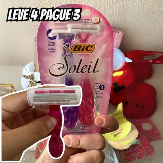 Aparelho de Depilar BIC Soleil Rosa, Roxo e Laranja Leve 4 Pague 3 - 930183 - Dupla Fita Lubrificante com Leite de Coco