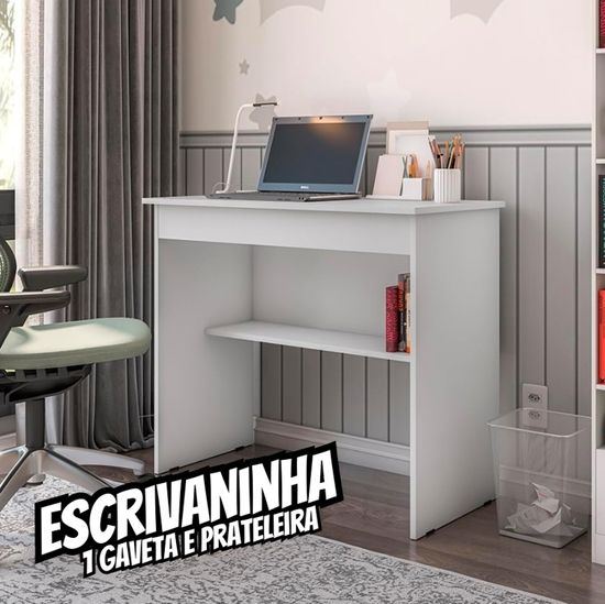 Escrivaninha/Mesa de Computador com 1 Gaveta e Prateleira Organizadora para Quarto ou Escritório de Estudo (Branco)