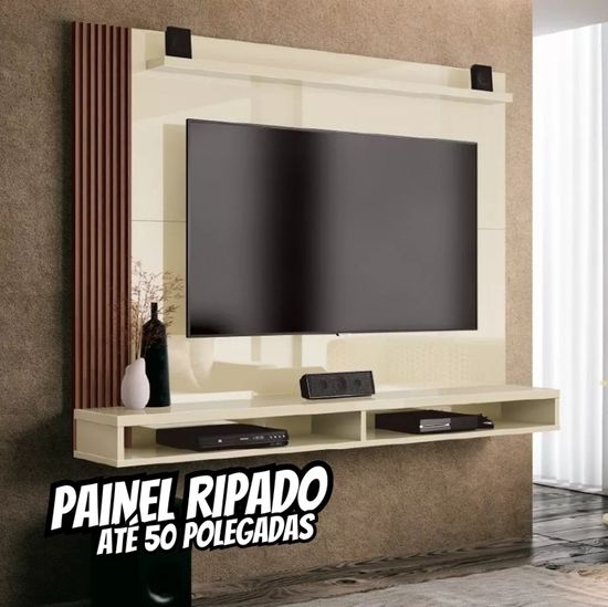 Painel Para TV Até 50 Polegadas Dijon Ripado Com Prateleira Off White / Natural