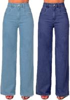 kit-2-calcas-jeans-retro-pantalona-wide-leg-cintura-alta-tendencias-azul-claro-e-azul-escuro - Imagem